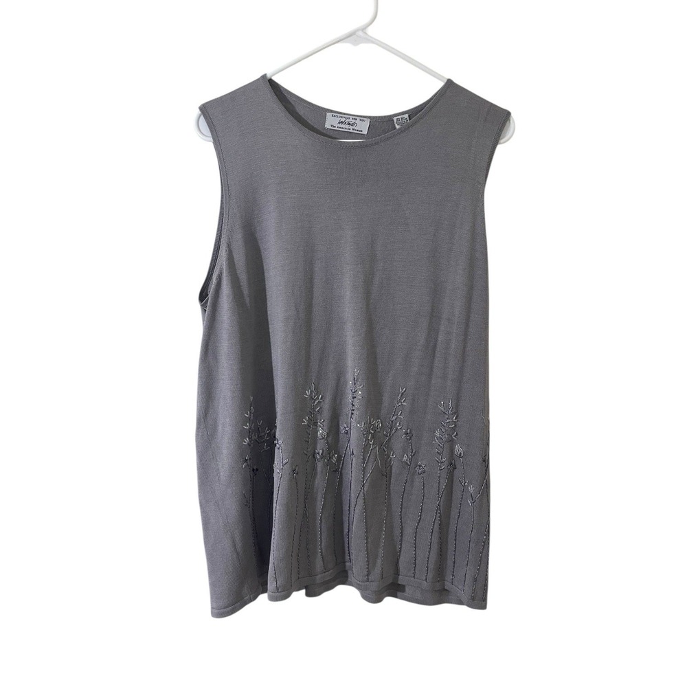 Lord And Taylor Size XL Embroidered Sequins Floral Sleeveless Top Grey Cottage